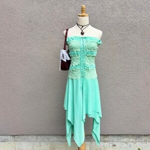 Vintage Y2K Green Asymmetrical Fairy Midi Dress Corset Style Size Medium